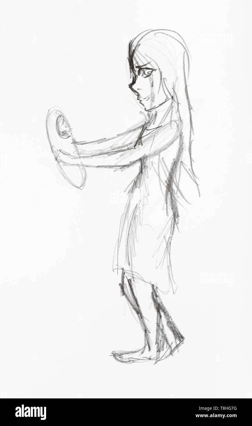 sketch of girl holding swaddled baby on outstretched arms hand-drawn by black pencil on white paper Stock Photo