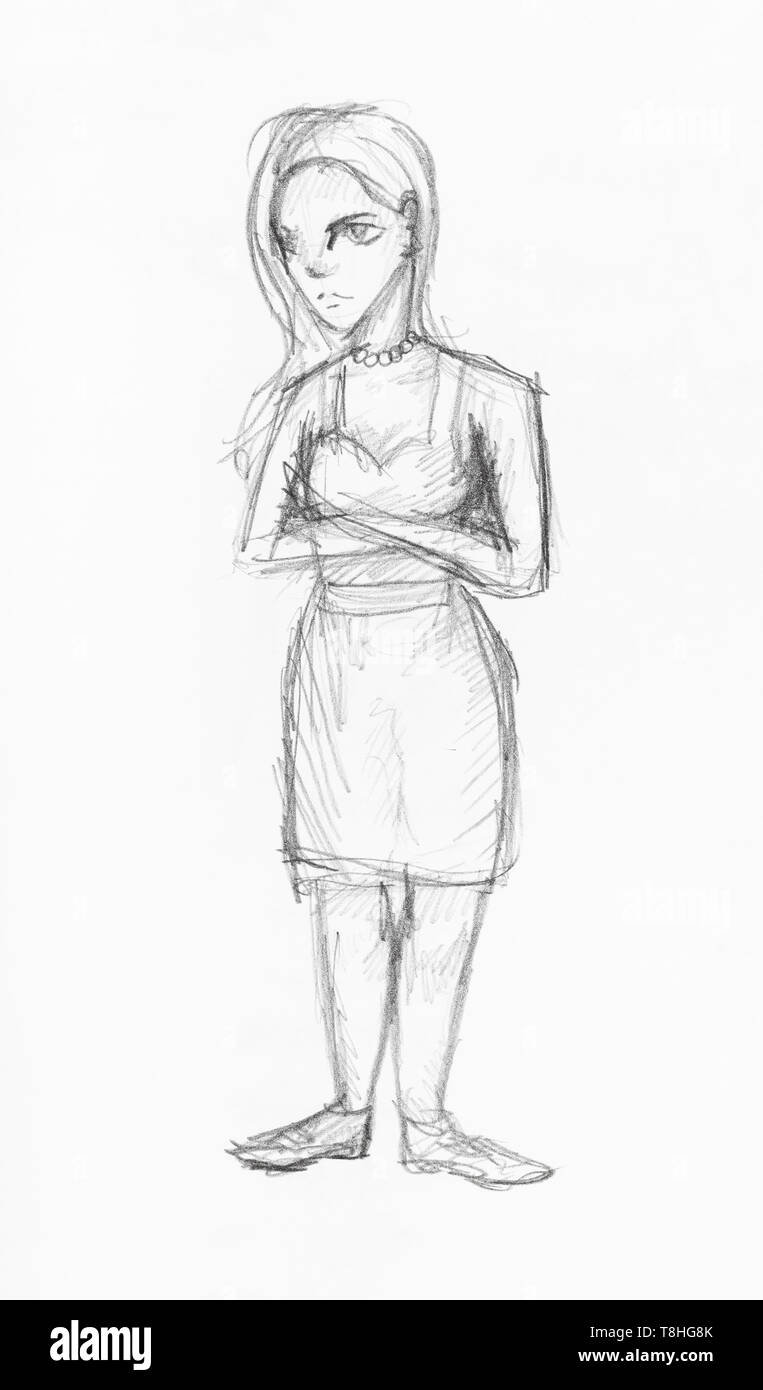 sketch of girl with long hair in sundress hand-drawn by black pencil on white paper Stock Photo