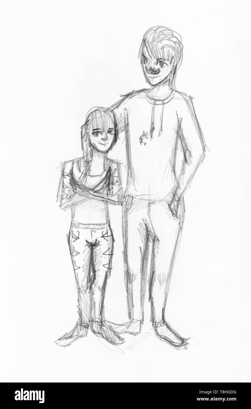 sketch of short girl and tall mustached guy hand-drawn by black pencil on white paper Stock Photo