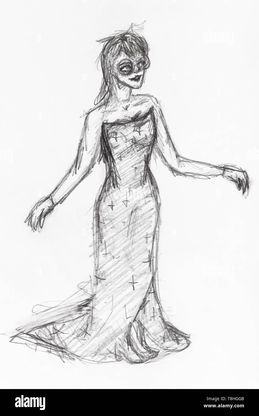 Sketch Of Happy Girl In Gown And Masquerade Mask Hand Drawn