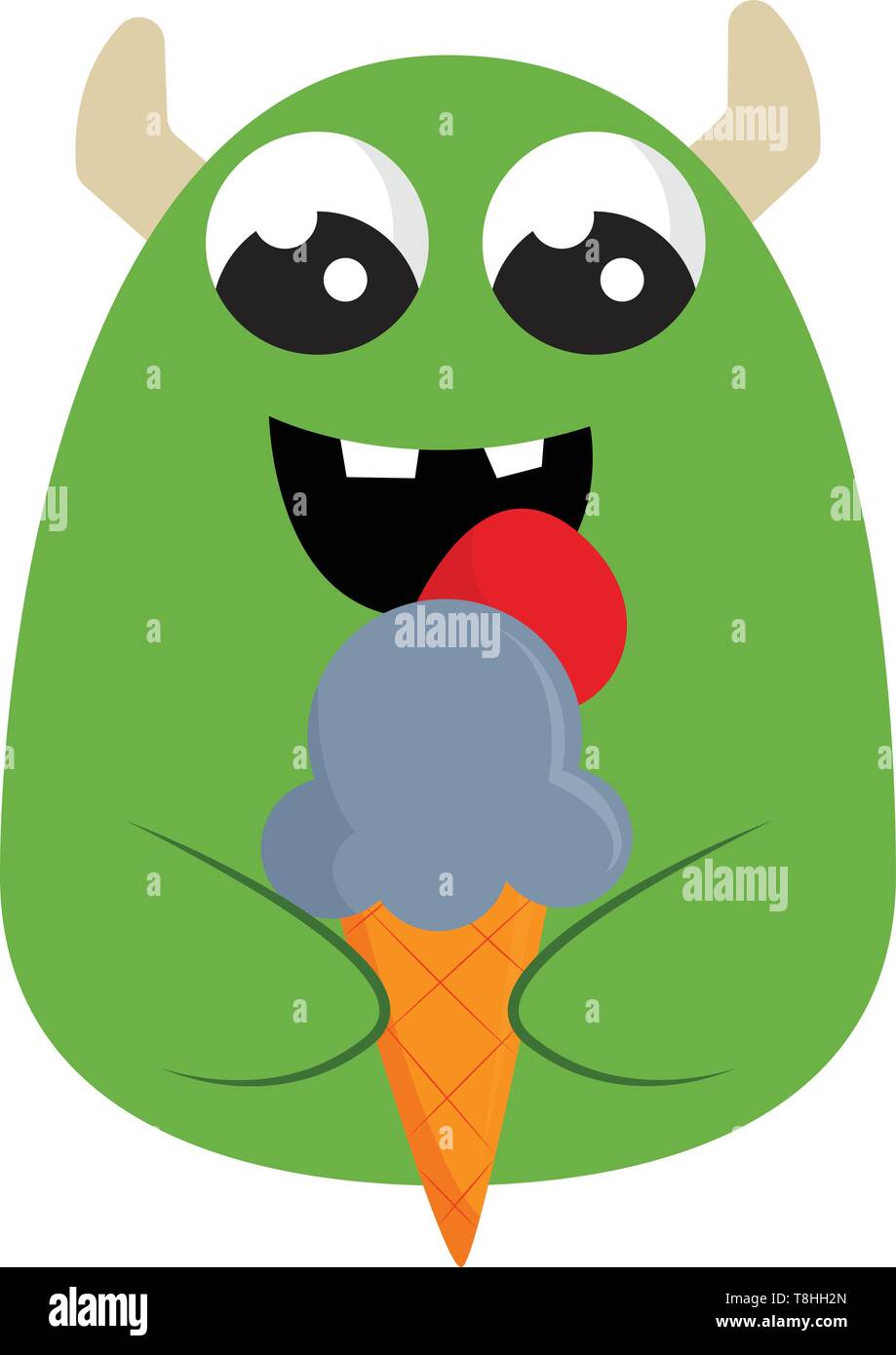 A cute green monster with horns eating an icecream cone, vector, color