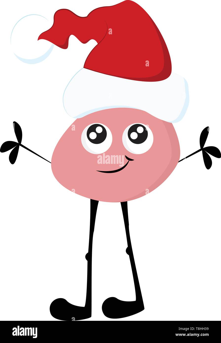 A cute pink tall monster with long black legs wearing a red Santa hat ...