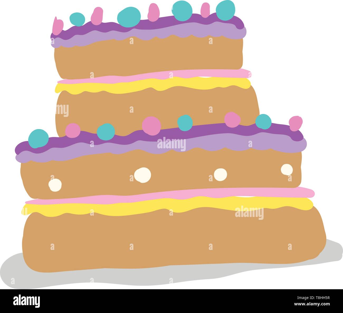 A delicious two layer cake with light blue and pink toppings, vector