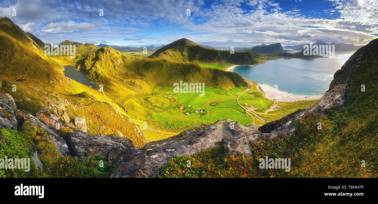 Haukland beach on Lofoten islands, Norway. View from the nearby mountain Mannen. Stock Photo