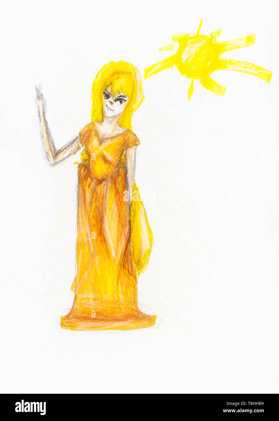 fairy girl in long yellow dress hand-drawn by colour pencils on white paper Stock Photo