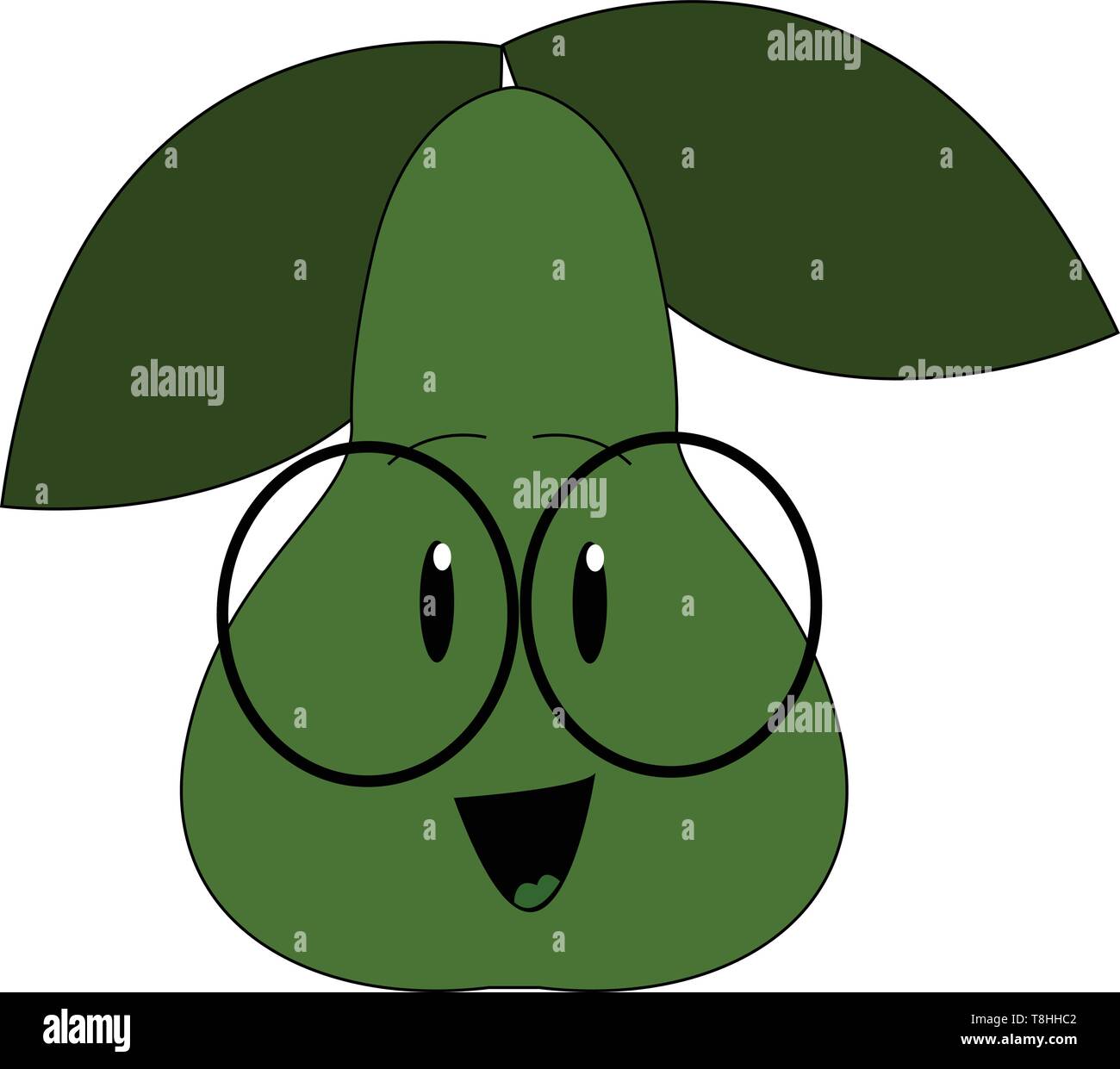 A happy smiling dark green pear with two leaves and round glasses ...