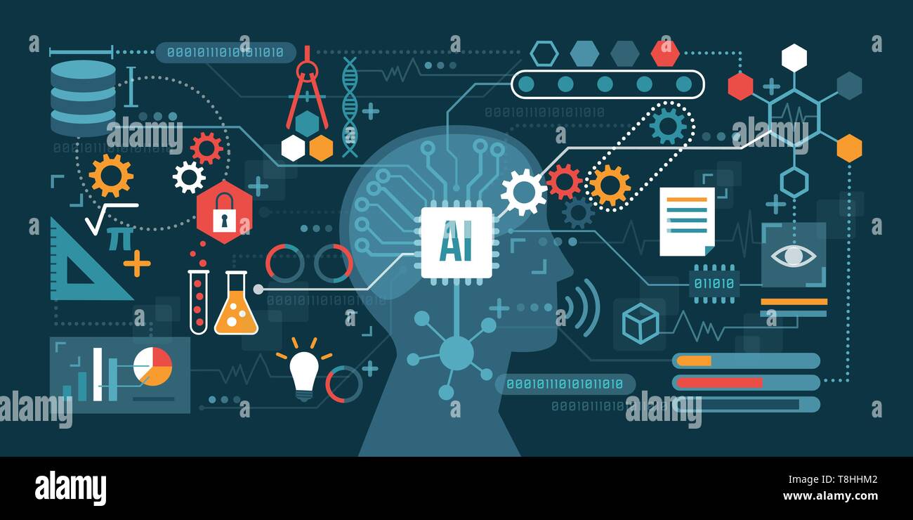 Artificial intelligence connected to a network of icons: problem solving, decision making and productivity concept Stock Vector