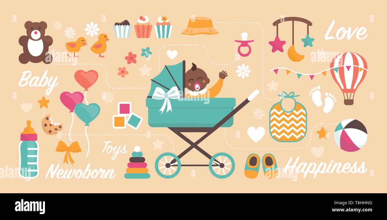 Cute newborn baby waving in a pram and childhood items: baby shower and birthday greeting card Stock Vector