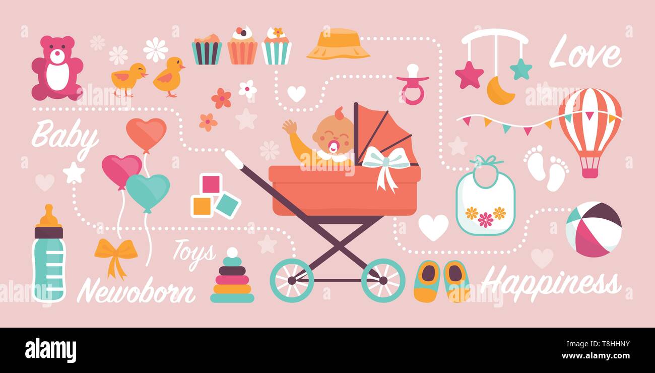 Cute newborn baby waving in a pram and childhood items: baby shower and birthday greeting card Stock Vector
