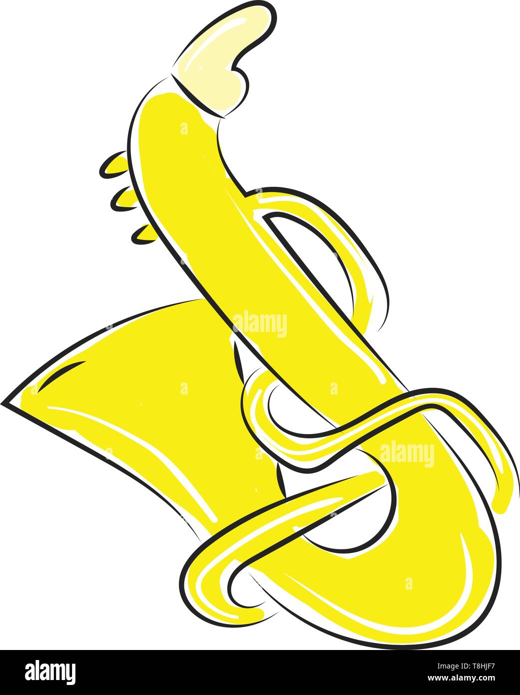 A drawing of a yellow saxophone, vector, color drawing or illustration