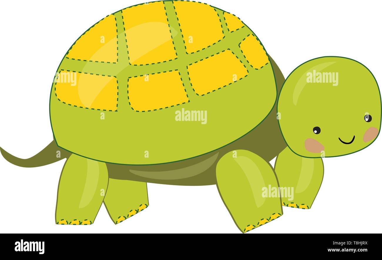 Emoji of a slow-moving green tortoise land reptile, enclosed in a scaly domed yellow shell has two eyes and pillar-like legs smiles while standing, ve Stock Vector