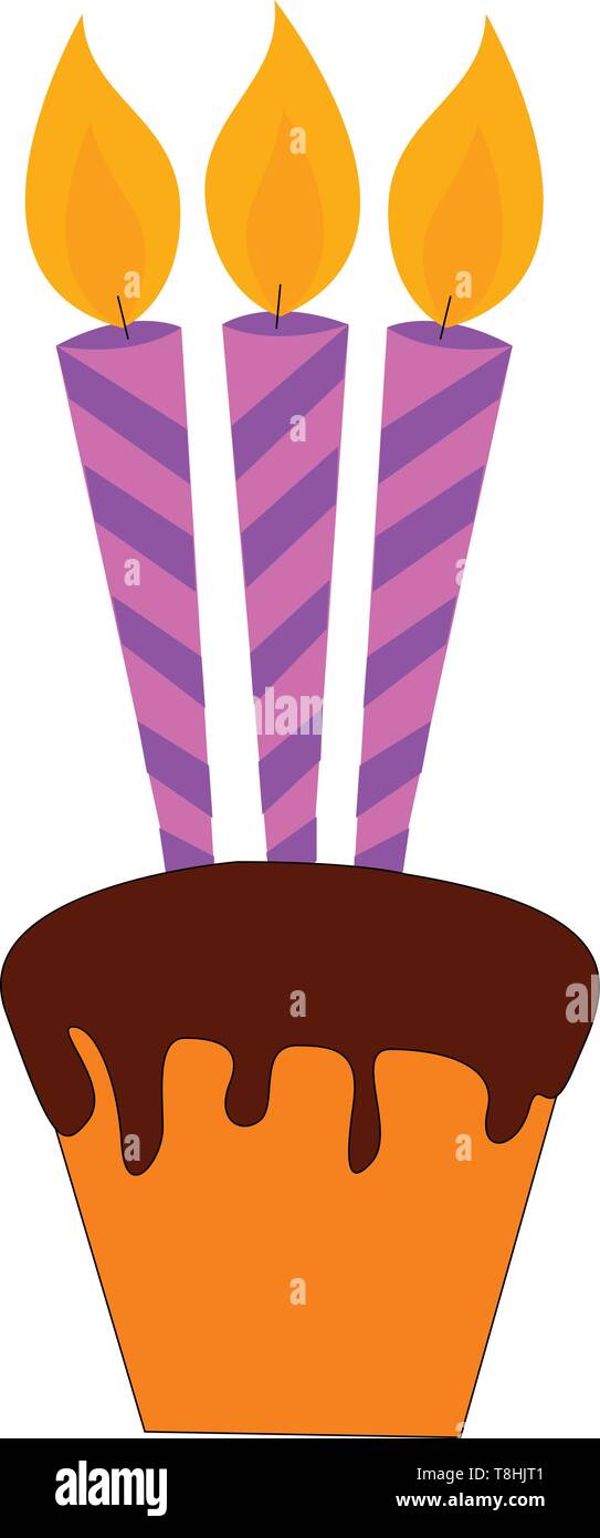 Yellow fondant covering the amazing small cake with chocolate drippings and three glowing striped pink candles on top of it, vector, color drawing or  Stock Vector