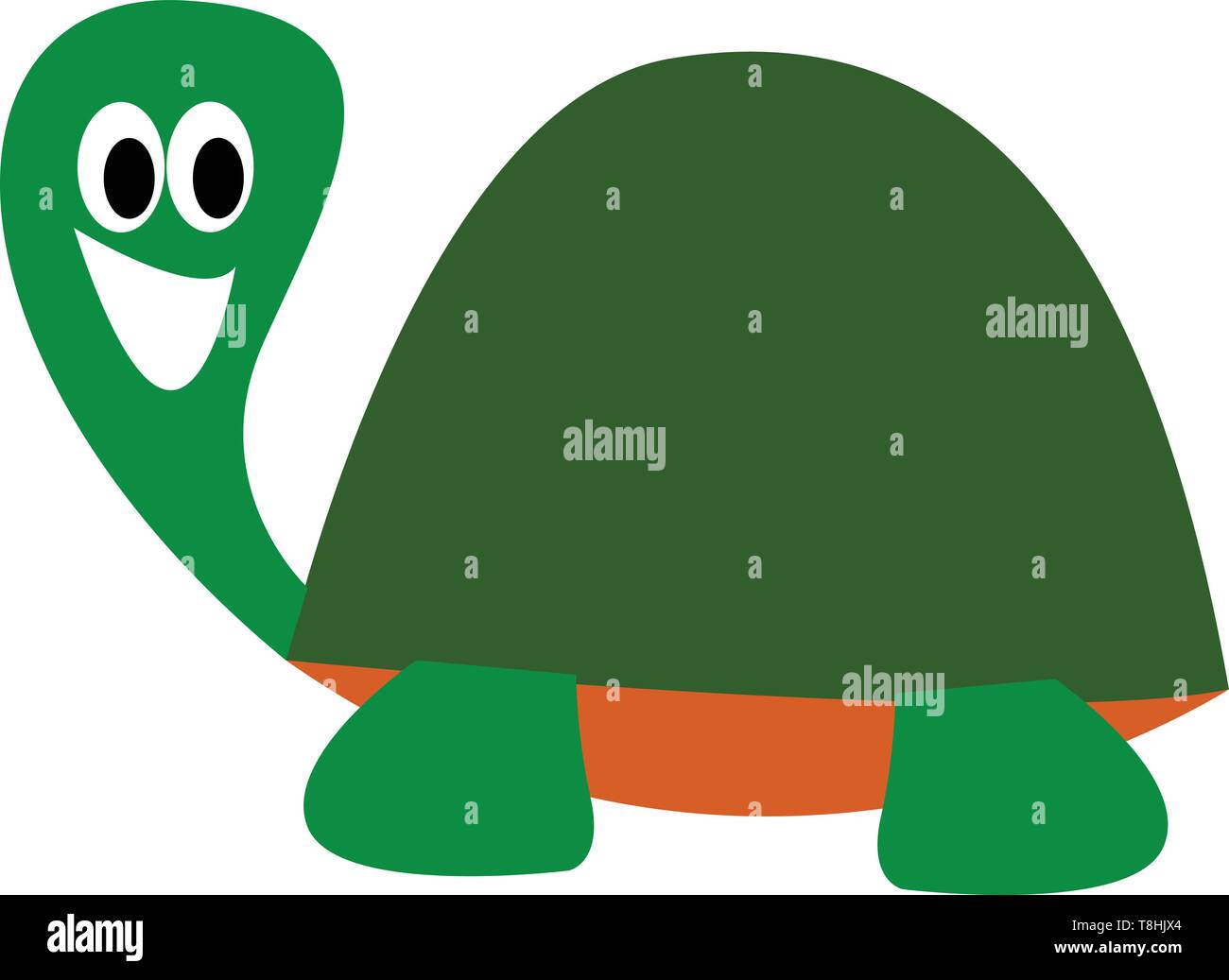 Cartoon picture of a laughing turtle has a green head, a dark green shell or shield covering its orange body and with eyes rolled down is laughing, ve Stock Vector