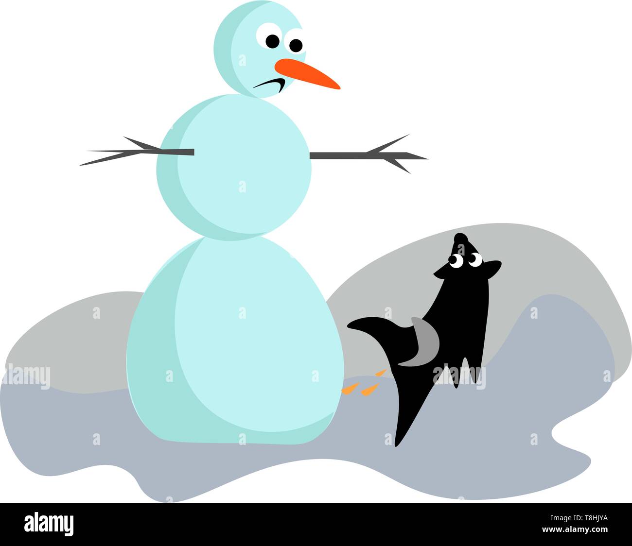 Clipart of a cute little snowman with three large balls of different sizes and a carrot for the nose looks sad while a black dog runs closer to it., v Stock Vector