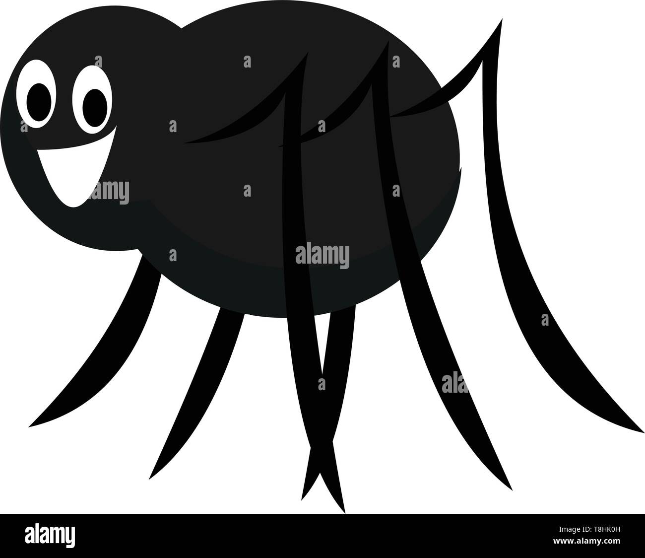 A funny black cartoon spider has an oval-shaped body, circular head, two big eyes rolled down laughs while standing, with its eight stick-like legs, v Stock Vector