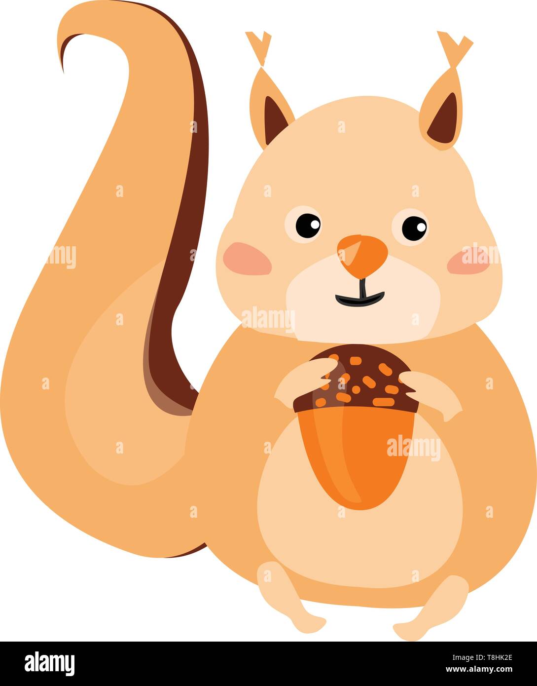 Cartoon picture of a brown squirrel with a fluffy tail holds an acorn and has a closed smile turning to the cheek while sitting and enjoying it, vecto Stock Vector