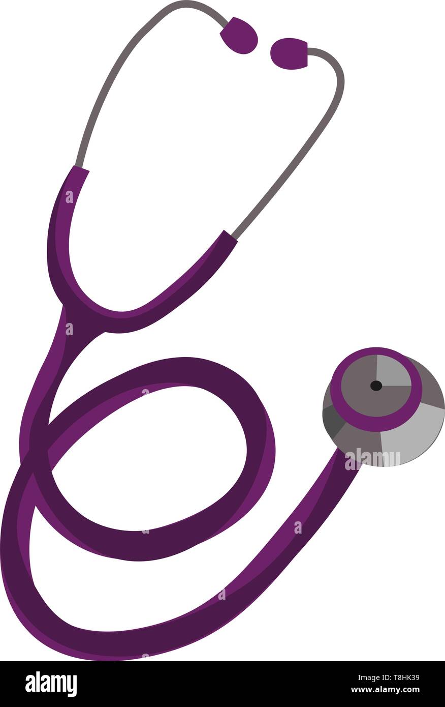 Violet-colored stethoscope with a small disc-shaped silver resonator is an instrument used to hear and amplify the sounds produced by the internal org Stock Vector
