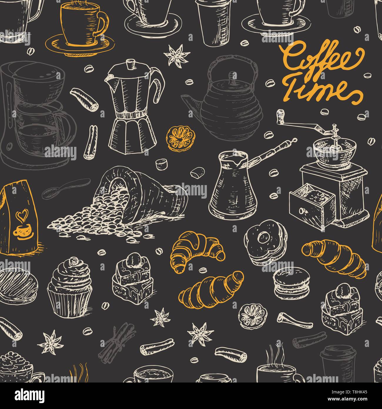 Seamless pattern with coffee elements on black background. Vector ...