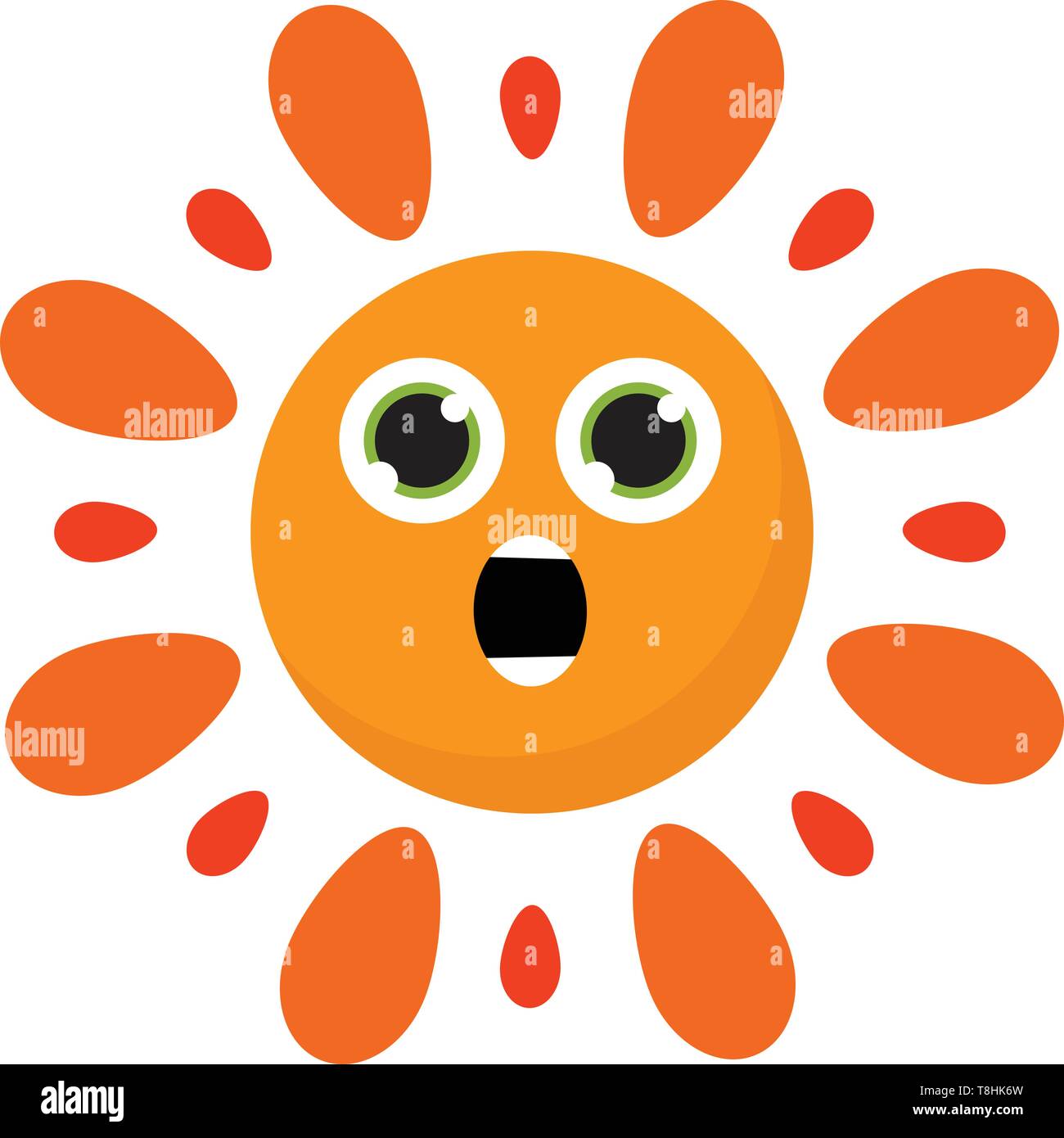 Clipart of the astonished hot burning sun has few orange spikes surrounding the inner circular yellow disc with two green eyes and a mouth, vector, co Stock Vector
