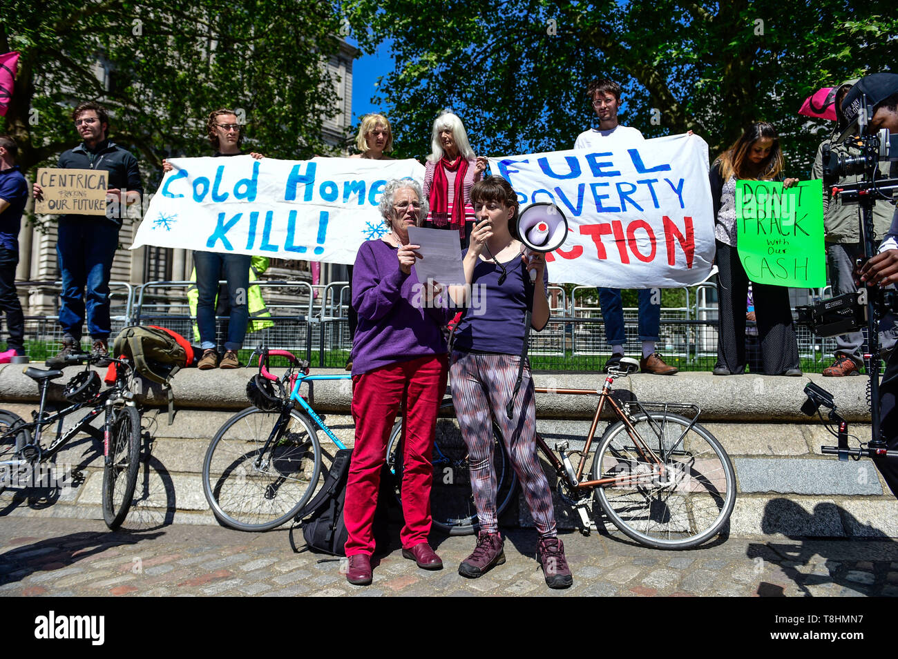 London, UK. 13th  May, 2019. Extinction Rebellion climate protests Gather outside The Queen Elizabeth II Centre. Centrica is hosting their Annual General Meeting. Centrica are a multinational company that are most known to UK residents for their subsidiary British Gas. But they also invest a large amount of money into Cuadrilla, the only company with an active fracking operation in the UK. Credit: Quan Van /Alamy Live News Stock Photo