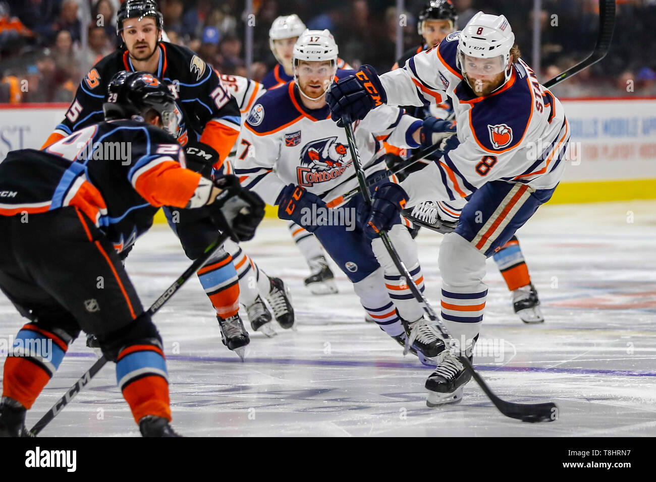 San Diego, California, USA. 8th May, 2019. Ryan Stanton (8) of Bakersfield Condors passes the puck. Bakersfield Condors vs San Diego Gulls AHL Game at Pechanga Area San Diego in San Diego, California. Michael Cazares/Cal Sport Media/Alamy Live News Stock Photo