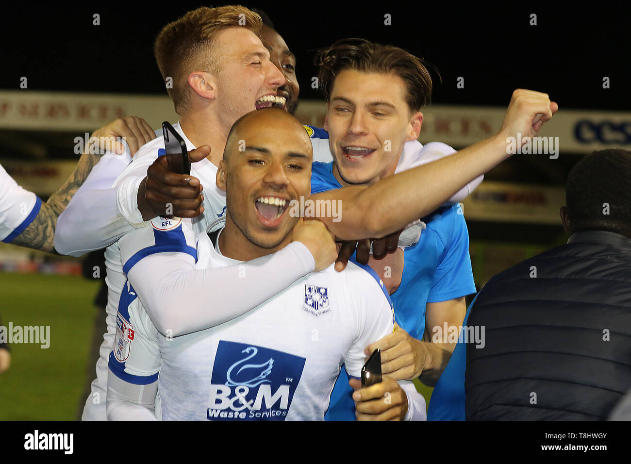 Nailsworth, UK. 13th May, 2019. Tranmere players celebrate after the EFL Sky Bet League 2 Play Off Semi Final match between Forest Green Rovers and Tranmere Rovers at The New Lawn, Nailsworth, England on 13 May 2019. Photo by Dave Peters. Editorial use only, license required for commercial use. No use in betting, games or a single club/league/player publications. Credit: UK Sports Pics Ltd/Alamy Live News Stock Photo