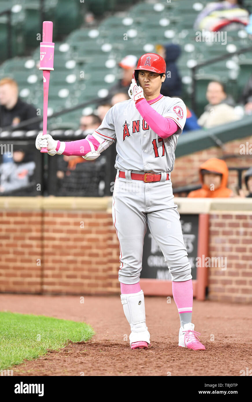 Los Angeles Angels' Shohei Ohtani warms up in the on-deck circle in the ninth inning during the Major League Baseball game against the Baltimore Orioles at Oriole Park at Camden Yards in Baltimore, Maryland, United States, May 12, 2019. Credit: AFLO/Alamy Live News Stock Photo