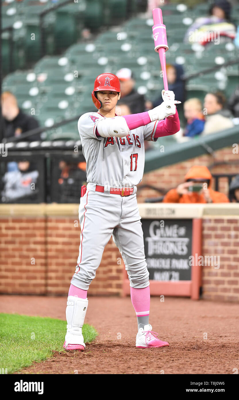 Los Angeles Angels' Shohei Ohtani warms up in the on-deck circle in the ninth inning during the Major League Baseball game against the Baltimore Orioles at Oriole Park at Camden Yards in Baltimore, Maryland, United States, May 12, 2019. Credit: AFLO/Alamy Live News Stock Photo