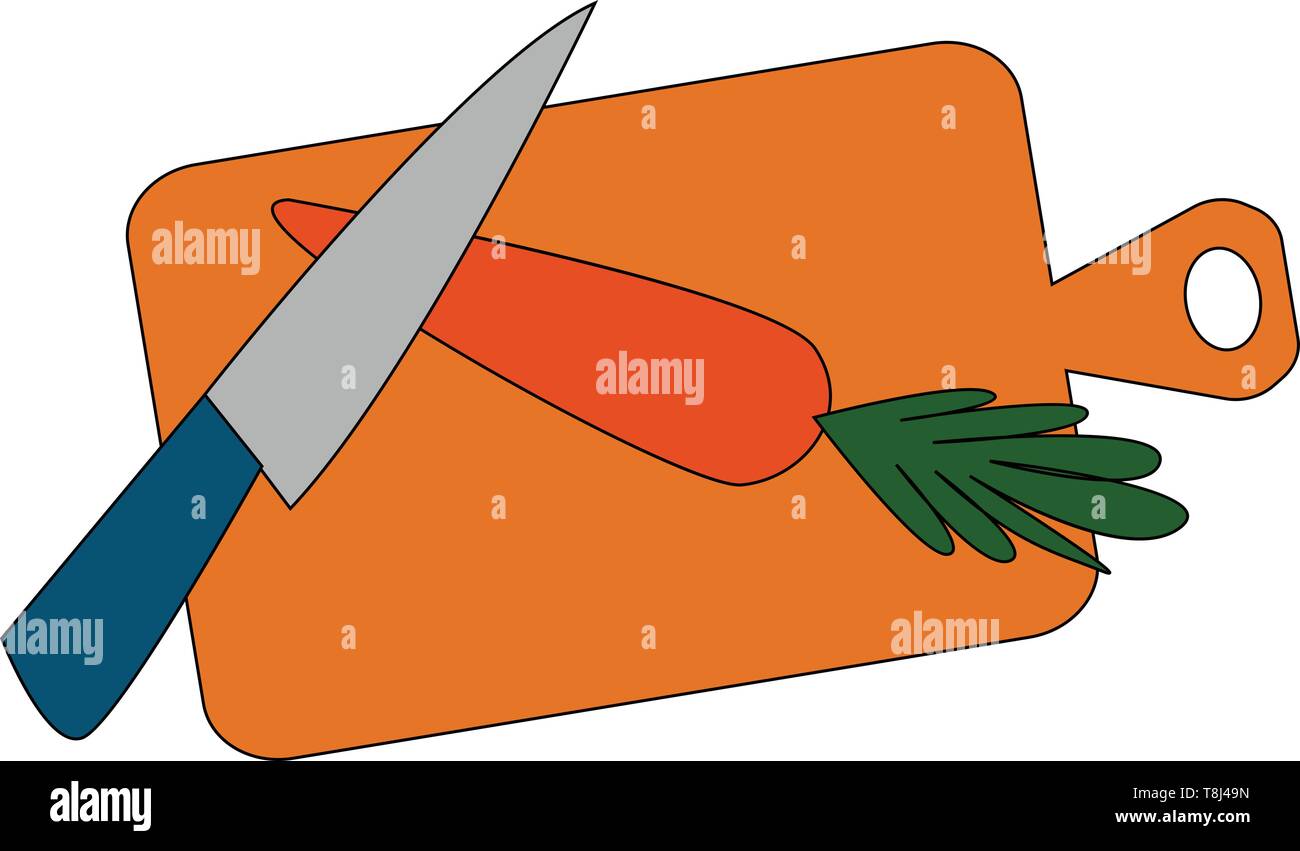 A wooden cutting board with fresh carrot on it with a big knife to cut