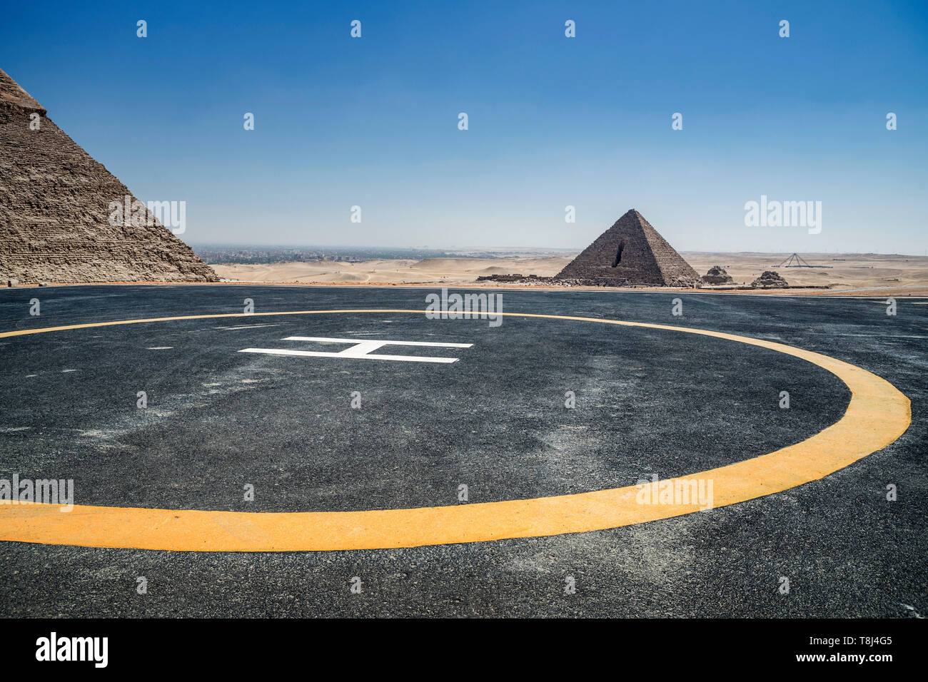 Heliport near the pyramids, Giza Plateau near Cairo, Egypt Stock Photo