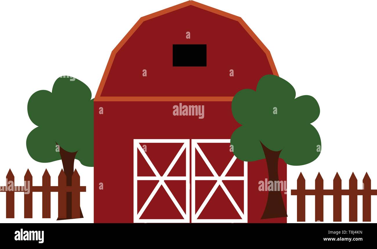 A small hut house in a farm with lot of trees and plants around it , vector, color drawing or illustration. Stock Vector