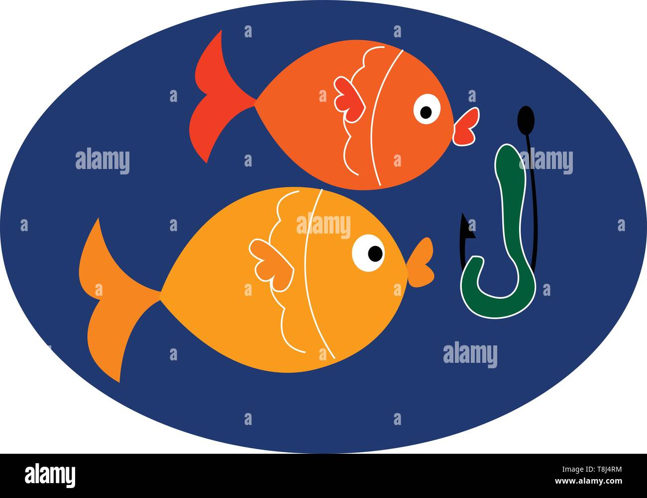Underwater picture of a two fat fishes nearing the fishing hook , vector, color drawing or illustration. Stock Vector