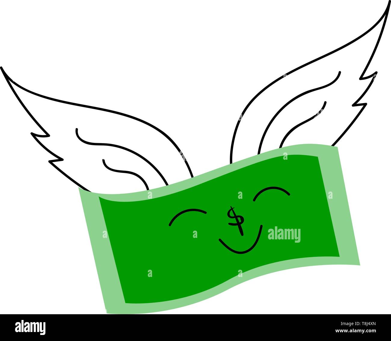 A green currency which seems to be flying with two wings, vector, color drawing or illustration. Stock Vector