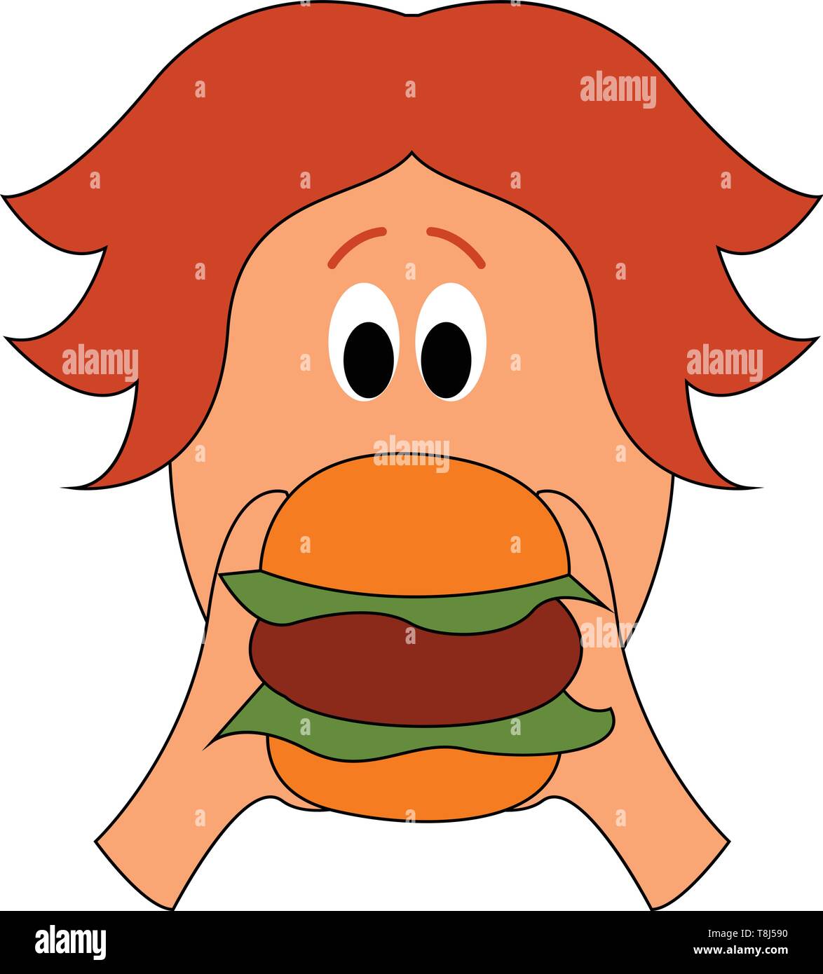 Guy With Long Hair Eating A Big Burger Of Three Layers
