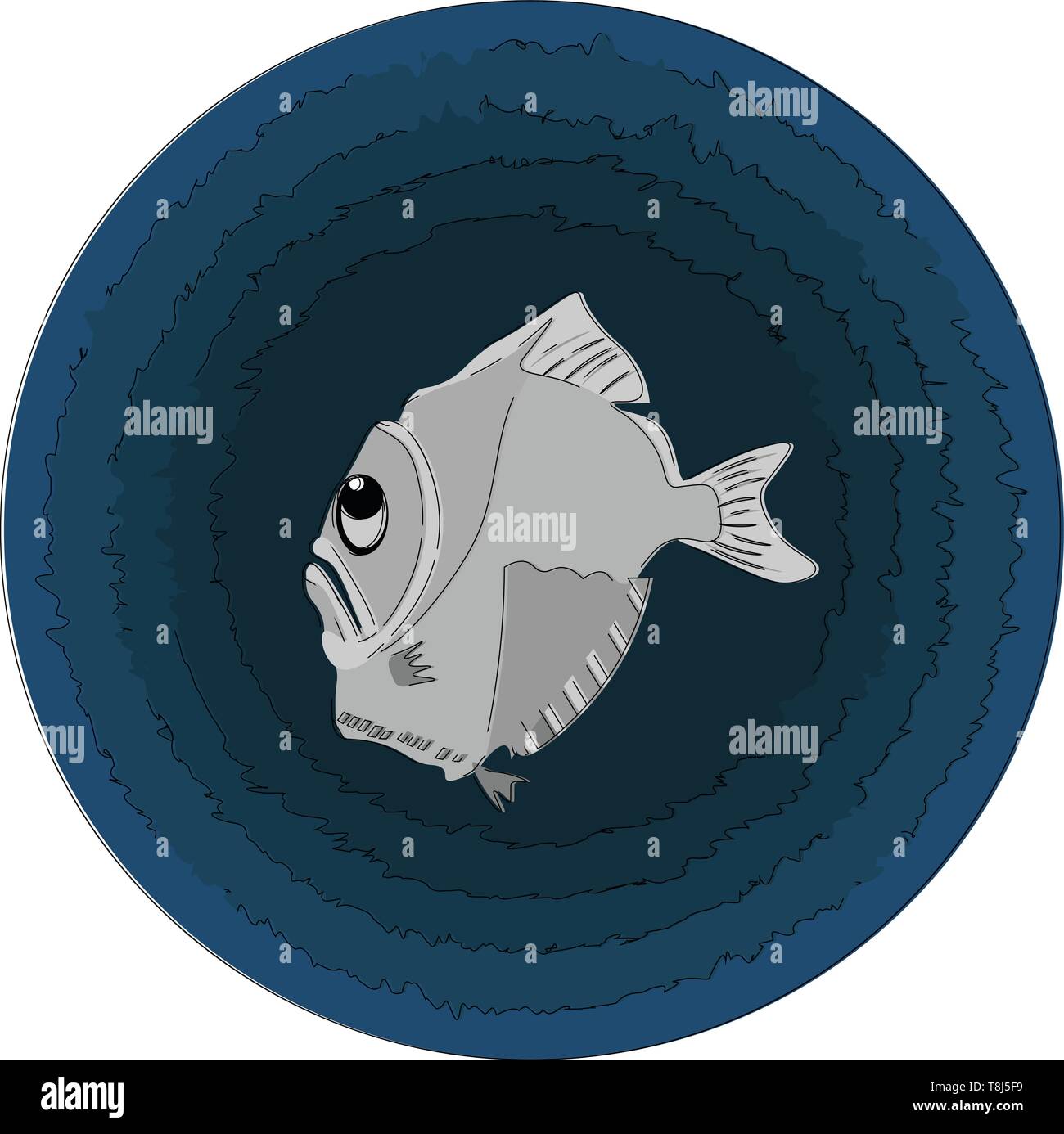 A grey hatchetfish with a big bowl is swimming in deep water, vector, color drawing or illustration. Stock Vector