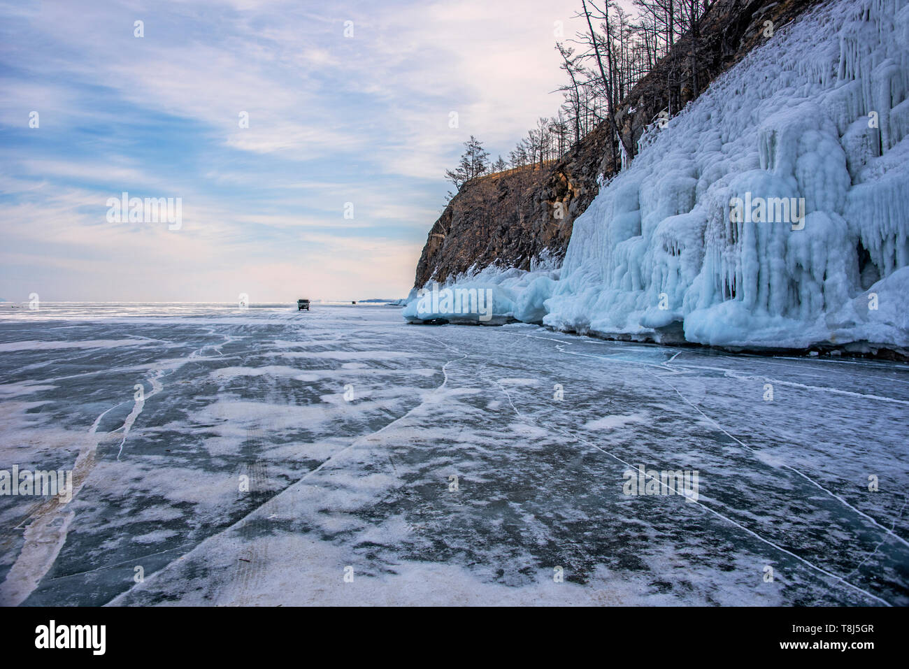 4x4 driving across Lake Baikal, Siberia, Russia Stock Photo