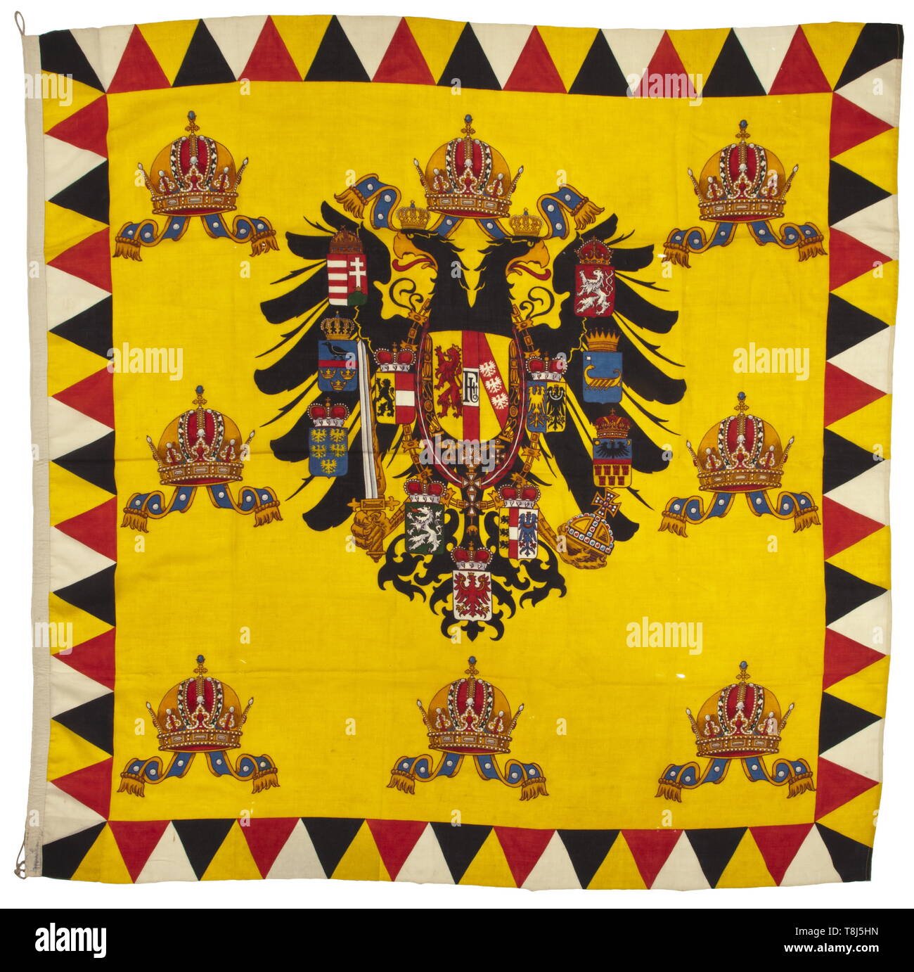 Emperor Franz Joseph I of Austria - his personal standard of the royal-imperial military navy Multicolour printed navy flag, in the centre the so-called medium common coat of arms of Austria-Hungary as used between 1867 and 1915, surrounded by seven archducal crowns, which were introduced in 1894 to distinguish the emperor's standard from the empress's version. The leech with hoisting line and royal-imperial navy stamp and another illegible stamp. Fine condition with bright colours, smaller holes, size 190 x 200 cm. Extremely rare, as all ships of the royal-imperial militar, Editorial-Use-Only Stock Photo