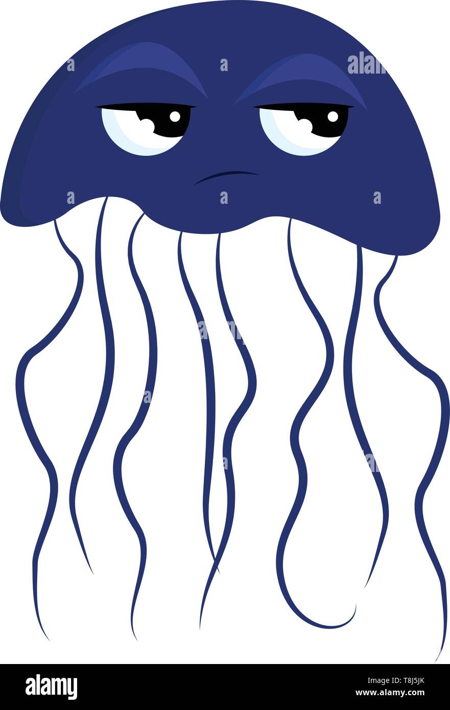 A sad blue crying jelly fish with tentacles, vector, color drawing or illustration. Stock Vector