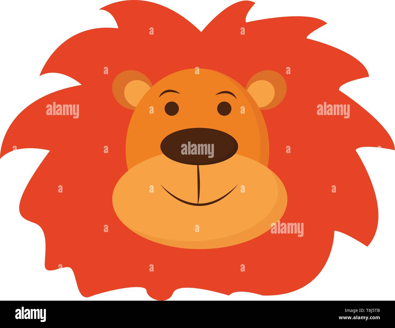 A face of a brown lion with a short, rounded head and ears, orange mane covering the head, oval-shaped black nose, is smiling , vector, color drawing  Stock Vector