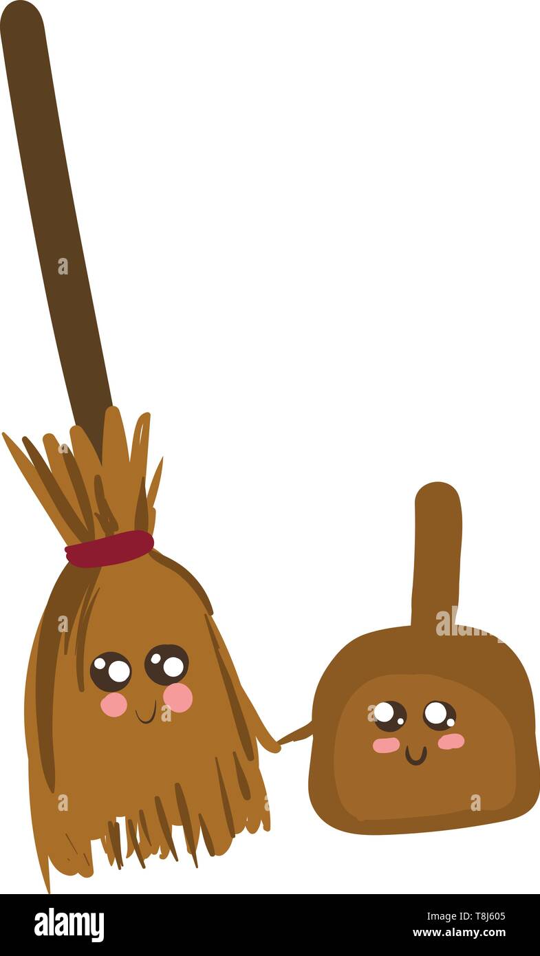 Emoji Of A Broomstick Made Out Of Fibers And A Dustpan Both In Brown Color Has A Closed Smile Turning Up To The Cheek While Holding Hands Vector C Stock Vector Image