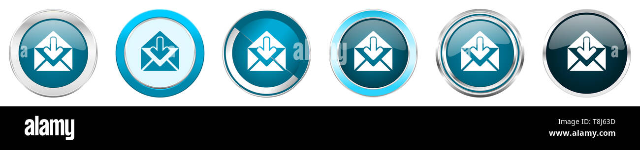 Email silver metallic chrome border icons in 6 options, set of web blue ...