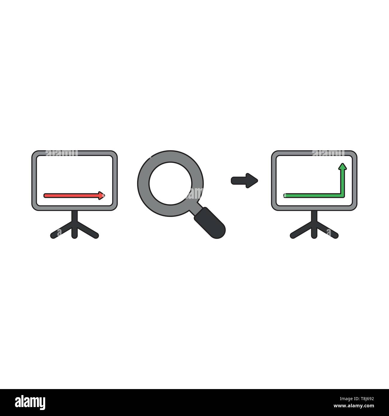 Vector icon concept of sales chart arrow moving down with magnifying ...