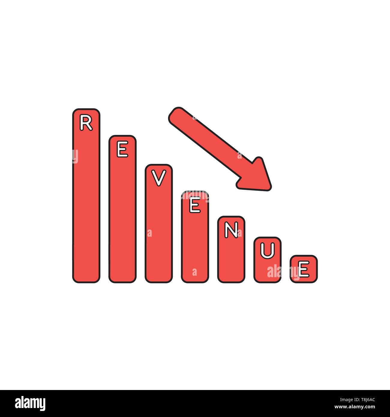 Vector icon concept of revenue sales bar graph moving down. Black outlines and colored. Stock Vector