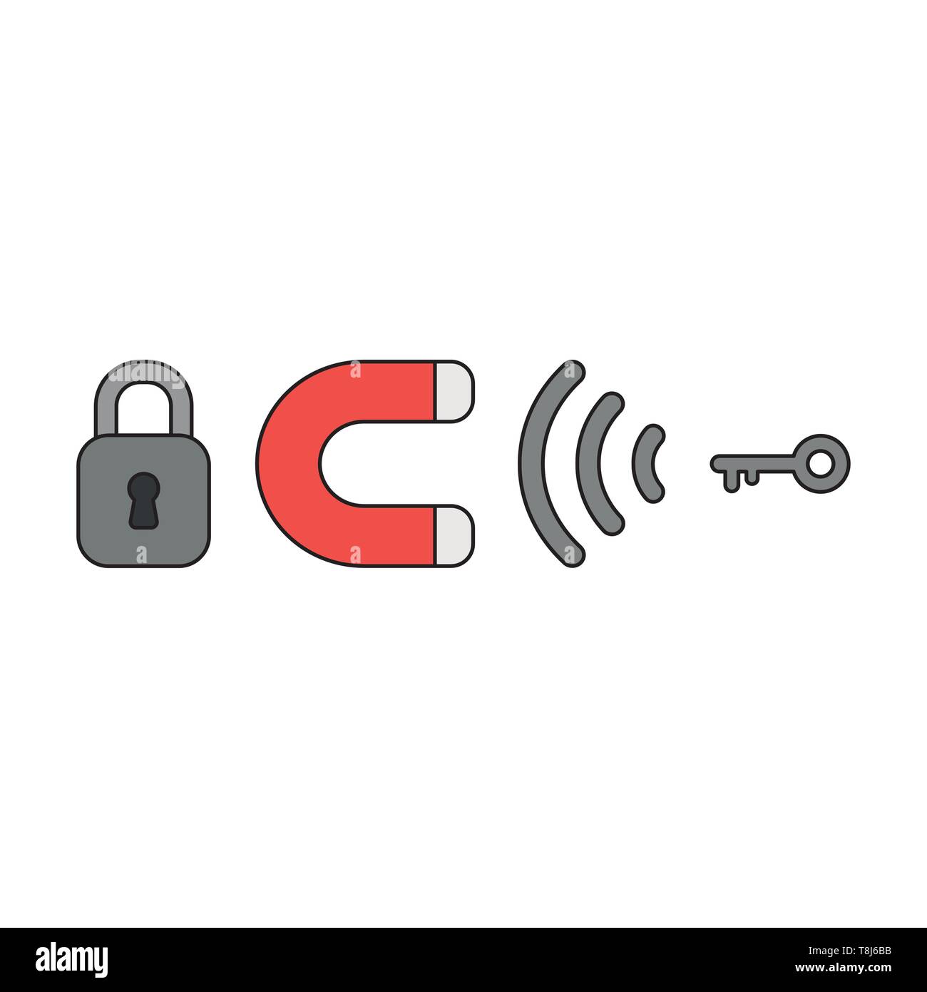 Vector icon concept of closed padlock with attracting key to
