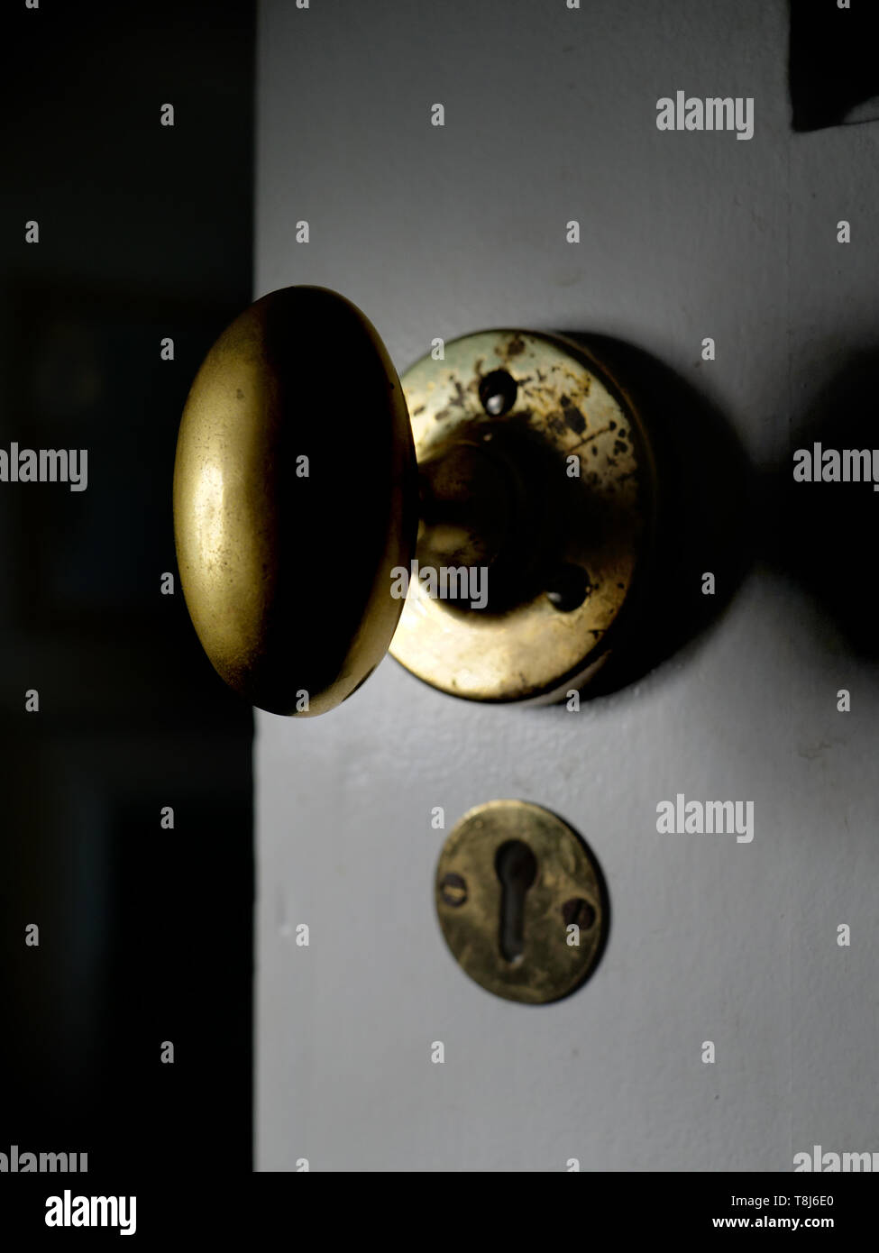 Close up of a brass door handle on an open old wooden door. Stock Photo