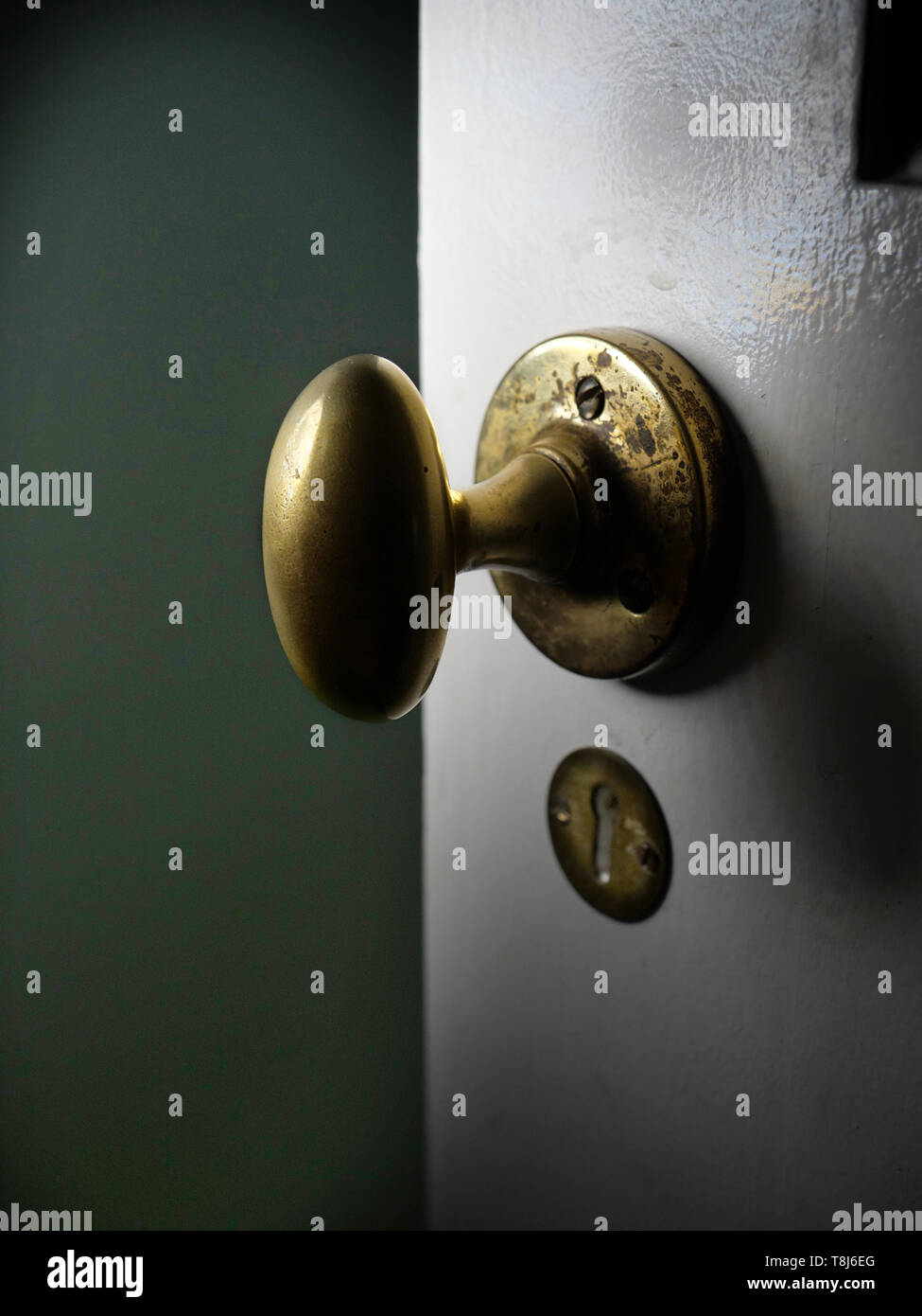 Close up of a brass door handle on an open old wooden door. Stock Photo