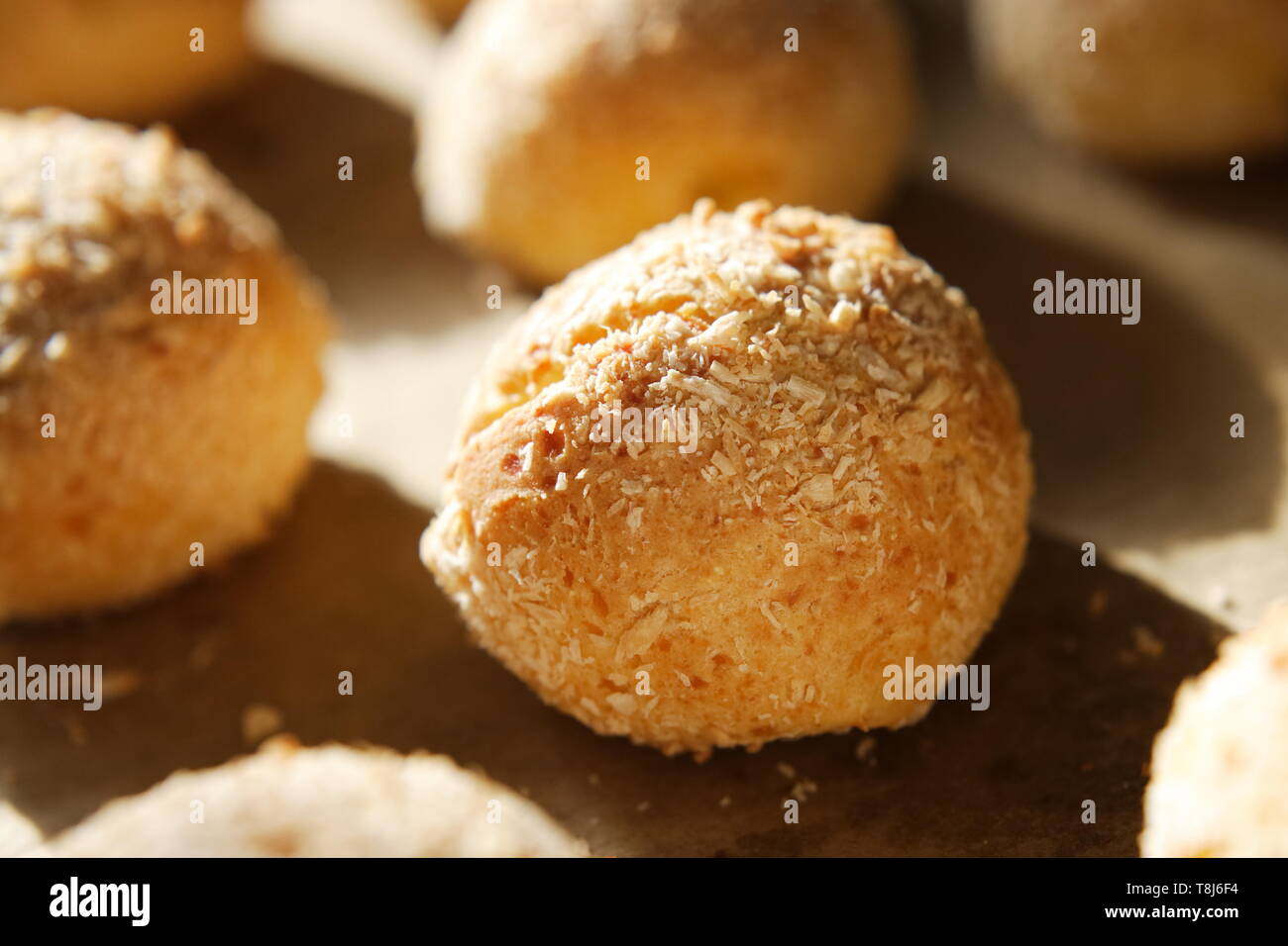 Close-up of a baked bun with side solar lighting. Fresh cottage cheese bread for healthy eating at home recipe. Stock Photo