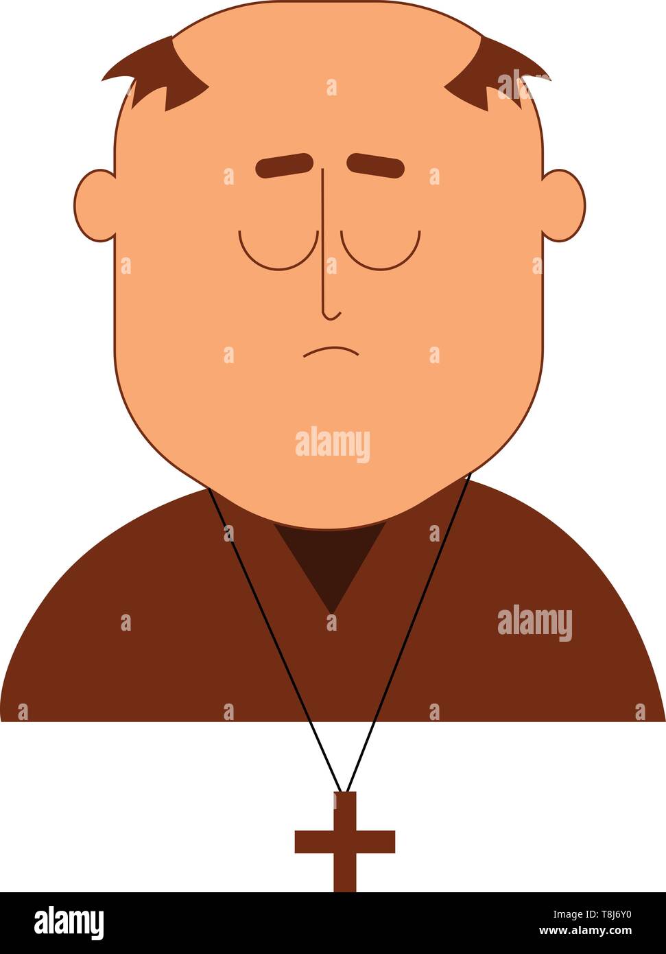 A Christian monk in a brown cassock and a crosssign pendent has hair