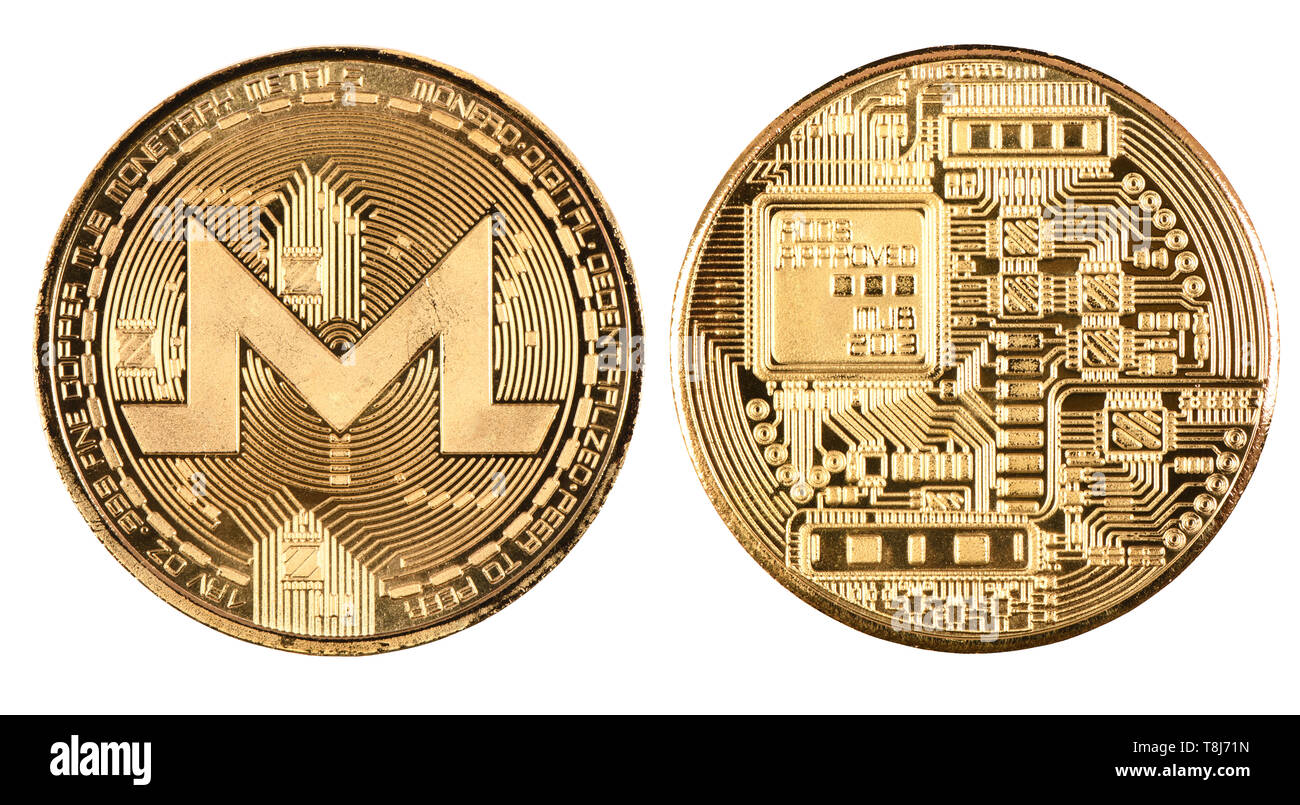 Golden monero isolated on white background. Front and back sides are shown. High resolution