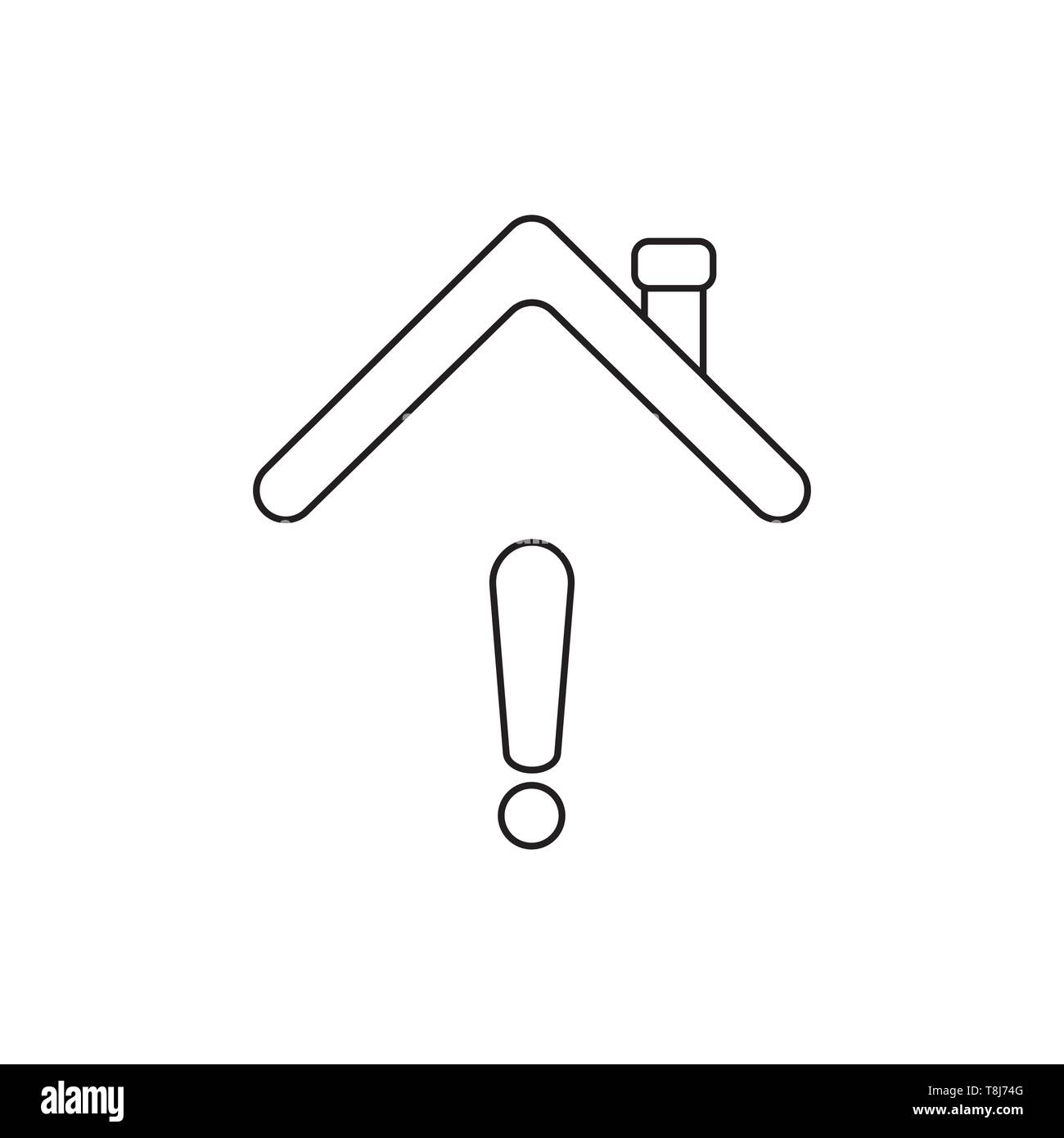 Vector icon concept of exclamation mark under house roof. Black outlines. Stock Vector